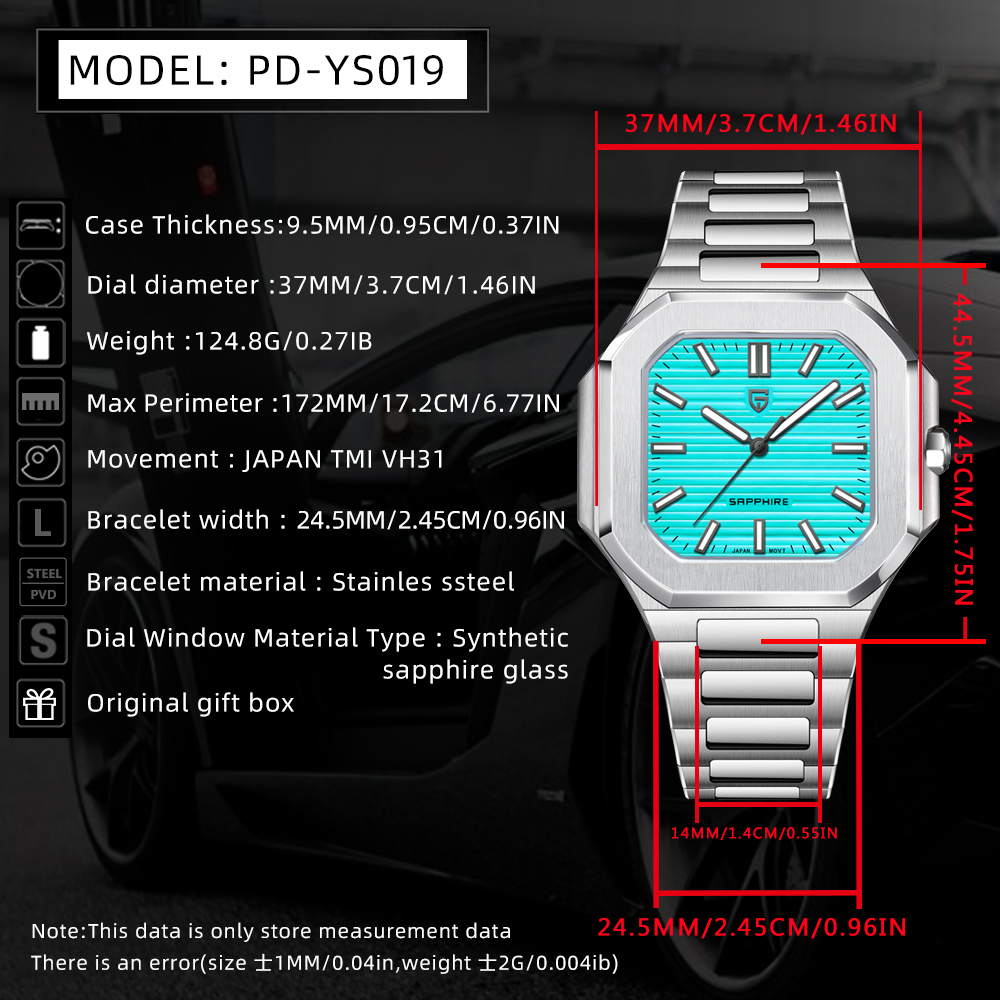 PAGANI DESIGN PD-YS019 Men's Quartz Watch New 37MM Stainless Steel Sports Waterproof Business Wrist Watch for Men, Synthetic Sapphire, Japan TMI VH31
