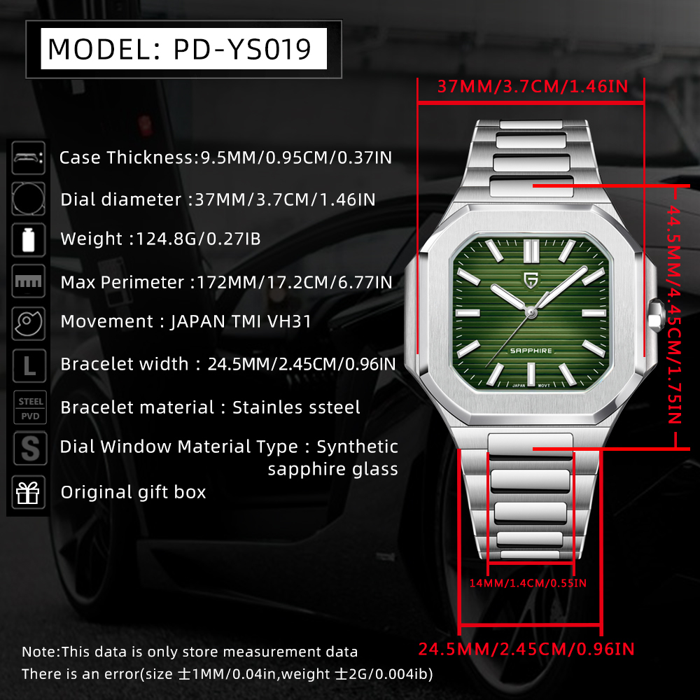 PAGANI DESIGN PD-YS019 Men's Quartz Watch New 37MM Stainless Steel Sports Waterproof Wrist Watch for Men, Synthetic Sapphire, Japan TMI VH31
