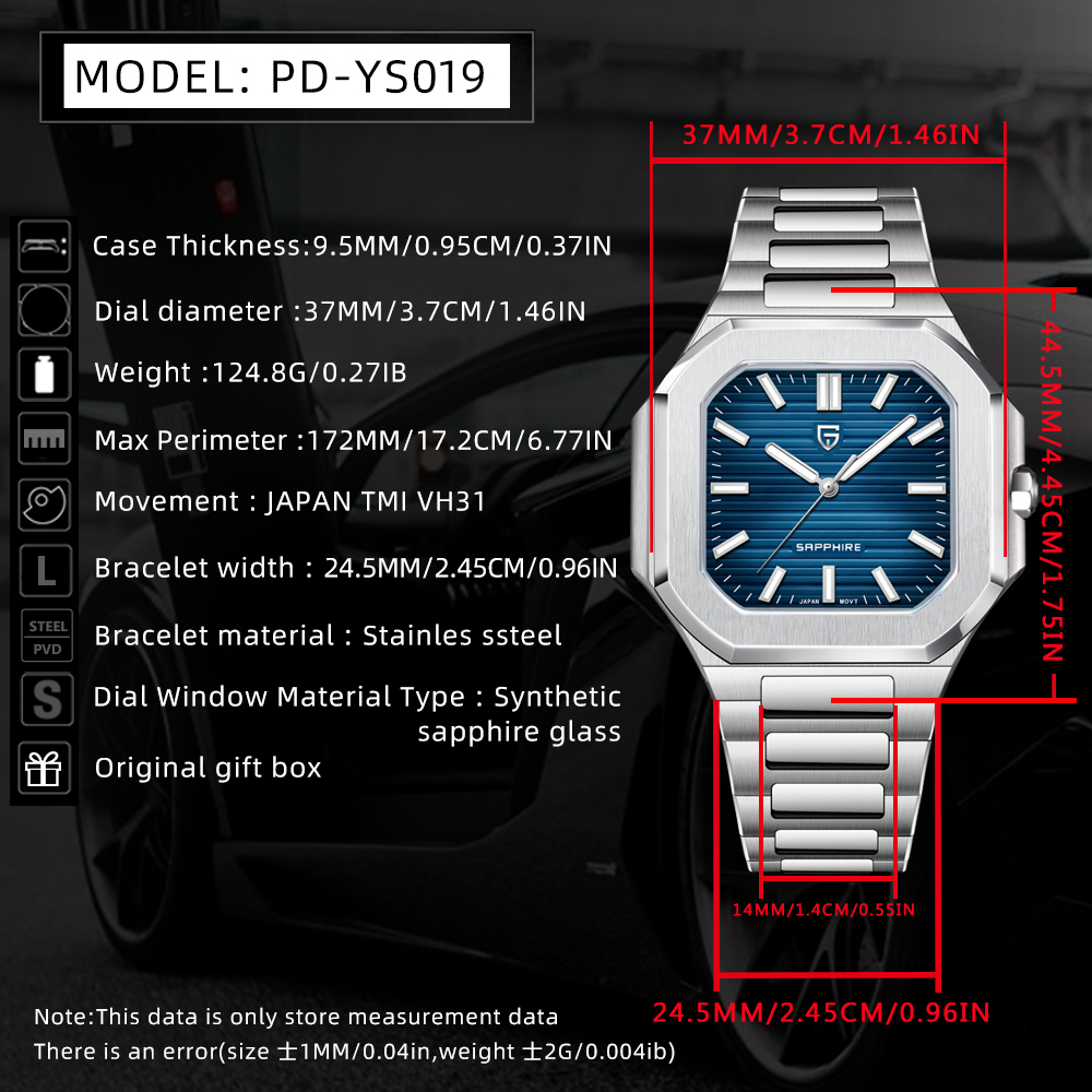 PAGANI DESIGN PD-YS019 Men's Quartz Watch New 37MM Stainless Steel Sports Waterproof Wrist Watch for Men, Synthetic Sapphire, Japan TMI VH31