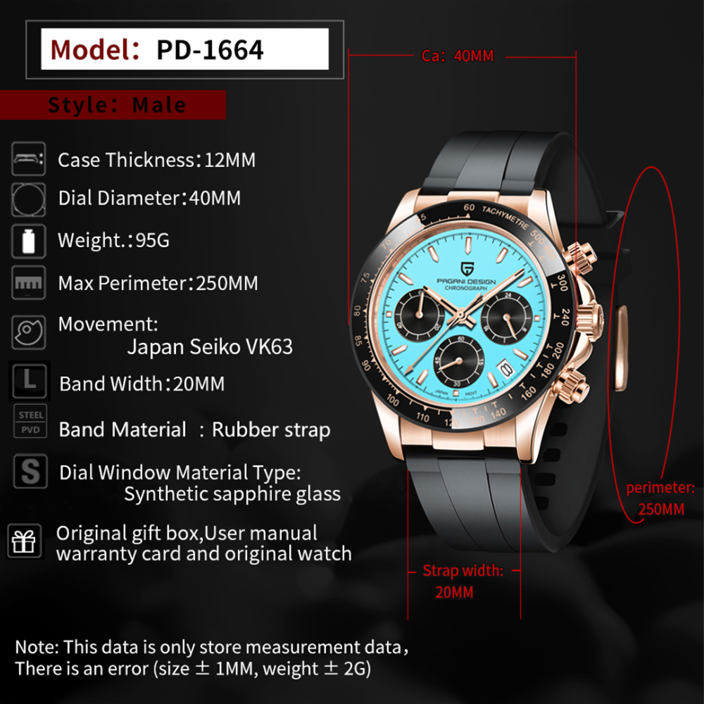 PAGANI DESIGN PD-1664 Men's Quartz Watches Chronograph Sports Men's Wrist Watch with VK63 Movement Silicone Watchband