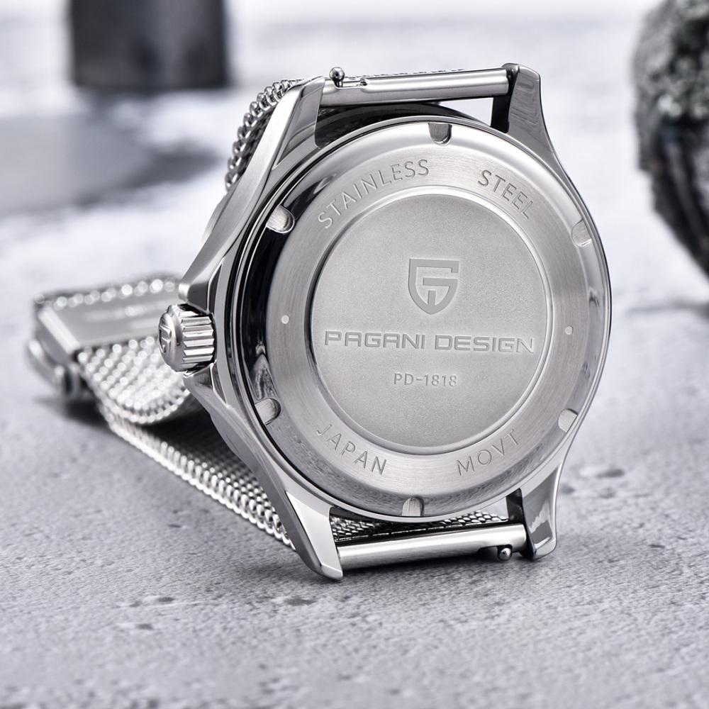 PAGANI DESIGN PD-1818 New Automatic Men's Watch Diver 300 Homage full Stainless Steel Mechanical 100M Waterproof Wrist Watch for Men, Synthetic Sapphire Dial Glass, Mesh Watch Strap