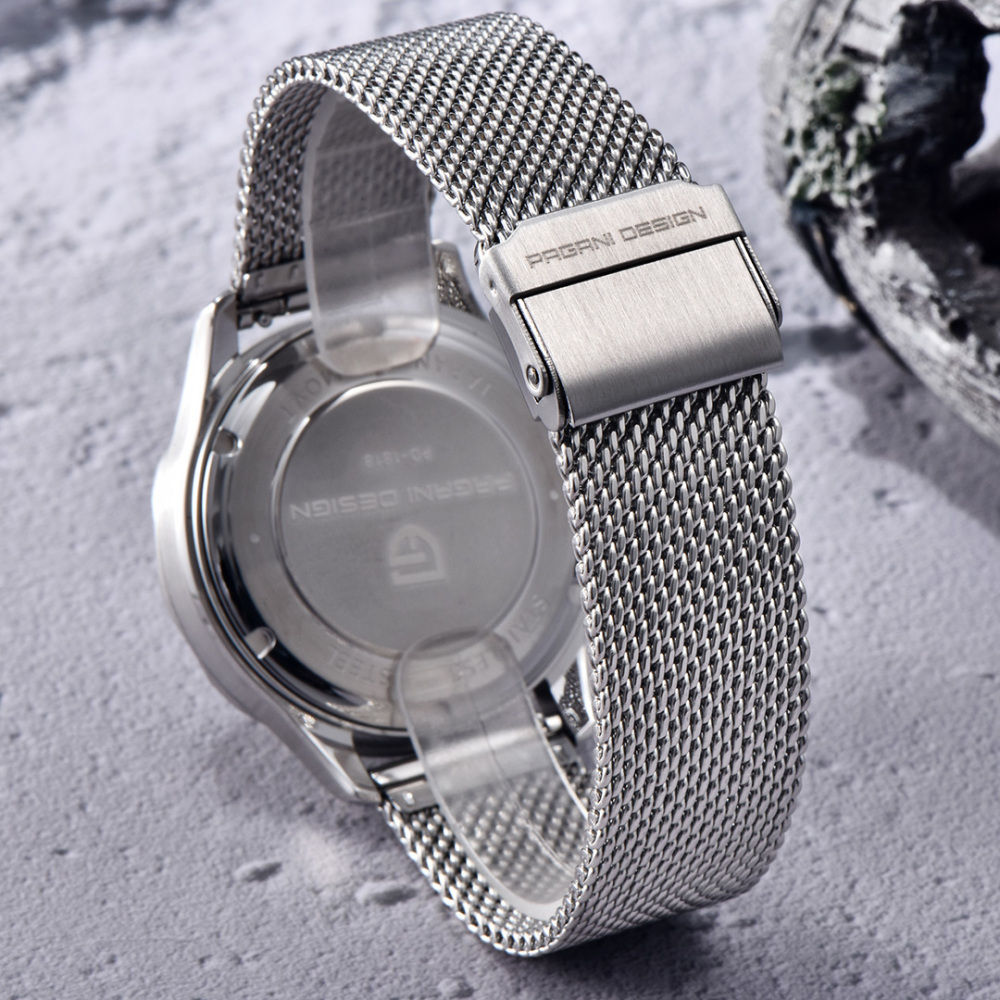 PAGANI DESIGN PD-1818 New Automatic Men's Watch Diver 300 Homage full Stainless Steel Mechanical 100M Waterproof Wrist Watch for Men, Synthetic Sapphire Dial Glass, Mesh Watch Strap