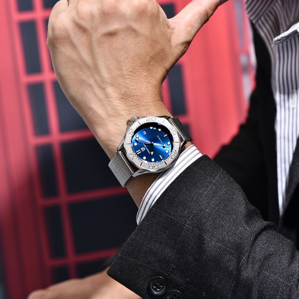 PAGANI DESIGN PD-1818 New Automatic Men's Watch Diver 300 Homage full Stainless Steel Mechanical 100M Waterproof Wrist Watch for Men, Synthetic Sapphire Dial Glass, Mesh Watch Strap