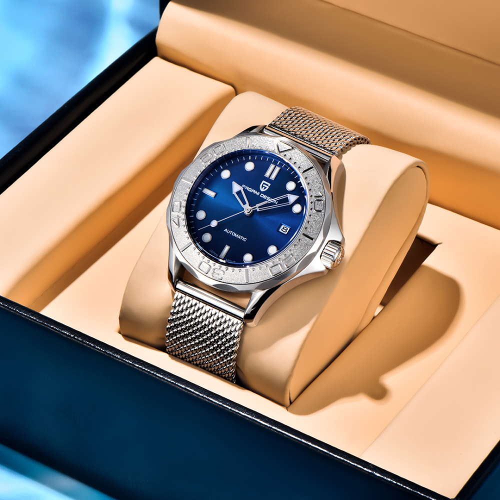 PAGANI DESIGN PD-1818 New Automatic Men's Watch Diver 300 Homage full Stainless Steel Mechanical 100M Waterproof Wrist Watch for Men, Synthetic Sapphire Dial Glass, Mesh Watch Strap
