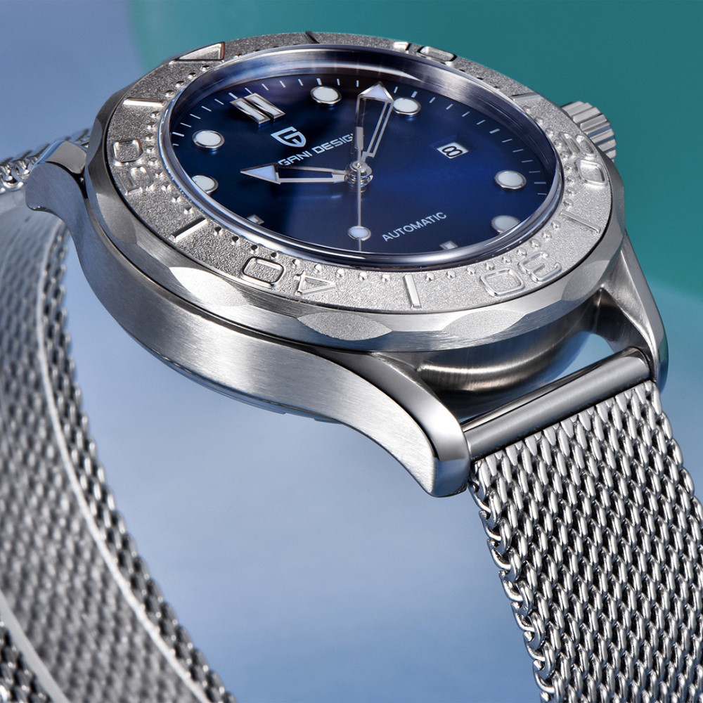 PAGANI DESIGN PD-1818 New Automatic Men's Watch Diver 300 Homage full Stainless Steel Mechanical 100M Waterproof Wrist Watch for Men, Synthetic Sapphire Dial Glass, Mesh Watch Strap