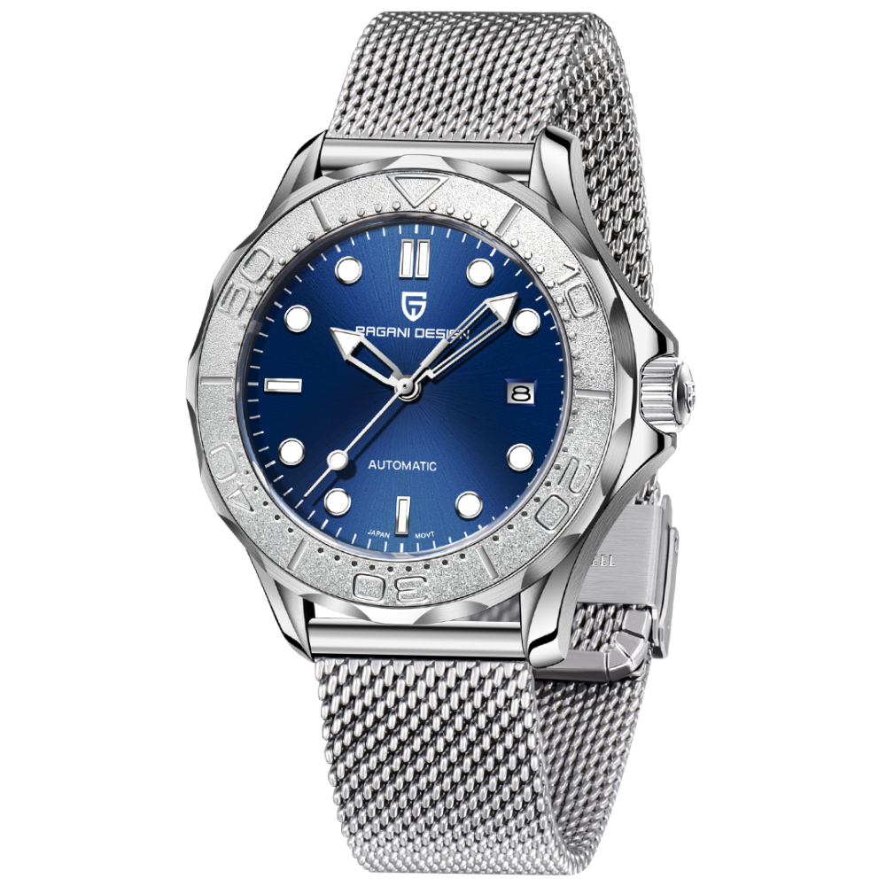 PAGANI DESIGN PD-1818 New Automatic Men's Watch Diver 300 Homage full Stainless Steel Mechanical 100M Waterproof Wrist Watch for Men, Synthetic Sapphire Dial Glass, Mesh Watch Strap