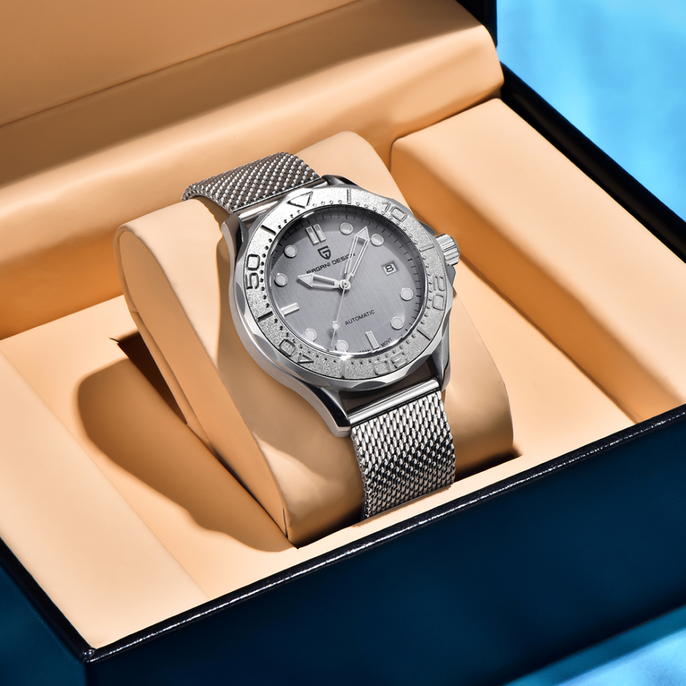 PAGANI DESIGN PD-1818 New Automatic Men's Watch Diver 300 Homage full Stainless Steel Mechanical 100M Waterproof Wrist Watch for Men, Synthetic Sapphire Dial Glass, Mesh Watch Strap