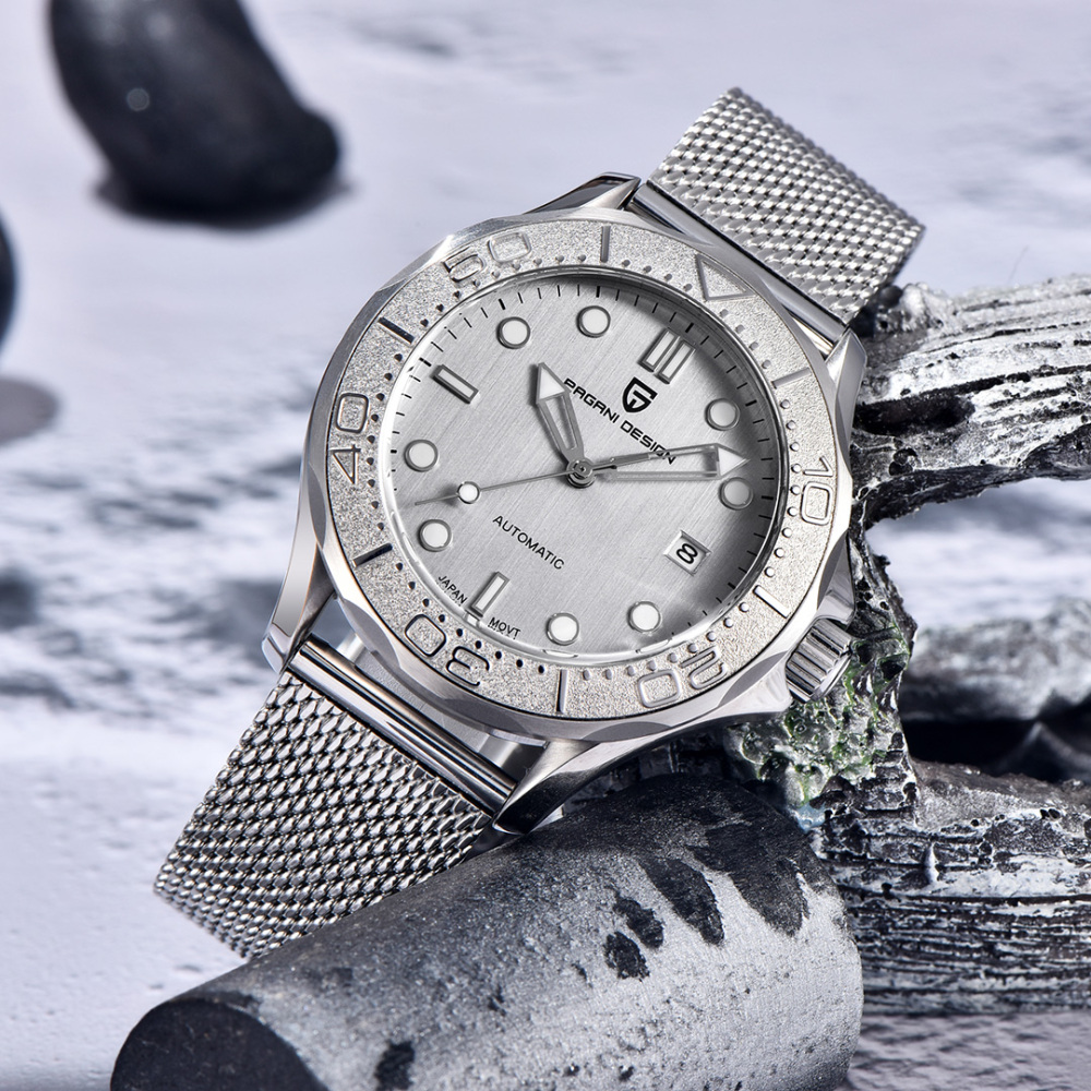 PAGANI DESIGN PD-1818 New Automatic Men's Watch Diver 300 Homage full Stainless Steel Mechanical 100M Waterproof Wrist Watch for Men, Synthetic Sapphire Dial Glass, Mesh Watch Strap