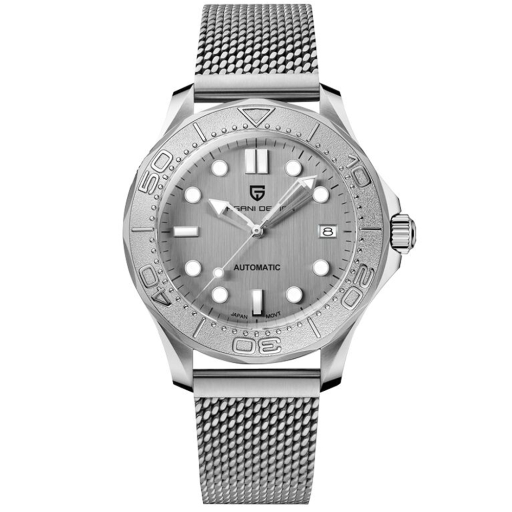 PAGANI DESIGN PD-1818 New Automatic Men's Watch Diver 300 Homage full Stainless Steel Mechanical 100M Waterproof Wrist Watch for Men, Synthetic Sapphire Dial Glass, Mesh Watch Strap