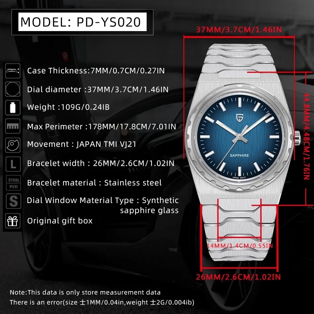 PAGANI DESIGN PD-YS020 Ultra Thin 7mm Men's Quartz Watch 10Bar Waterproof Stainless Steel Wrist Watch for Men C3 Upgrade Lume, Synthetic Sapphire Dial Glass