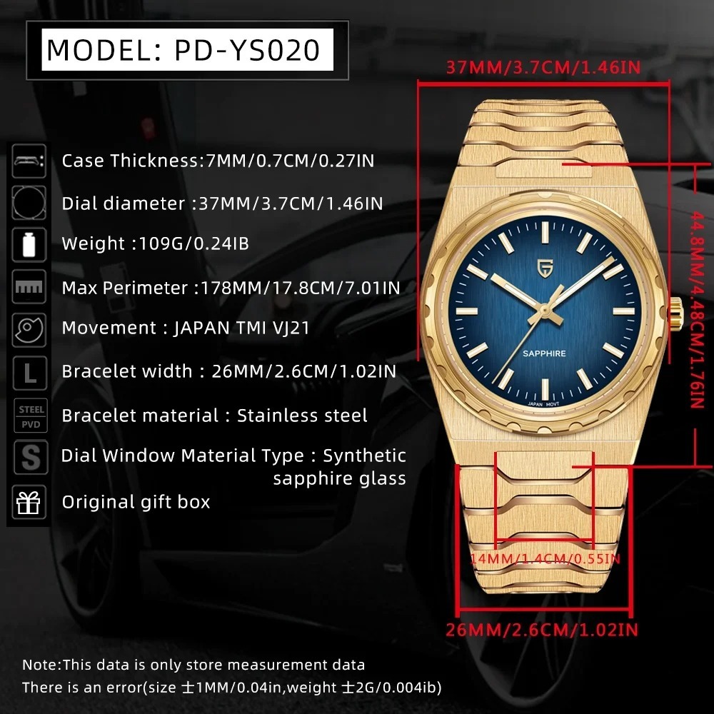 PAGANI DESIGN PD-YS020 Ultra Thin 7mm Men's Quartz Watch 10Bar Waterproof Stainless Steel Wrist Watch for Men C3 Upgrade Lume, Synthetic Sapphire Dial Glass