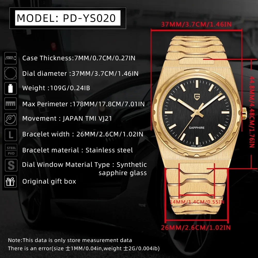 PAGANI DESIGN PD-YS020 Ultra Thin 7mm Men's Quartz Watch 10Bar Waterproof Stainless Steel Wrist Watch for Men C3 Upgrade Lume, Synthetic Sapphire Dial Glass