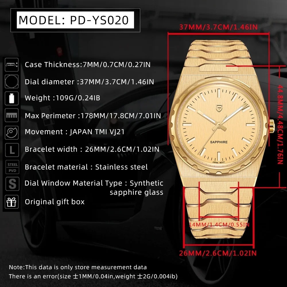 PAGANI DESIGN PD-YS020 Ultra Thin 7mm Men's Quartz Watch 10Bar Waterproof Stainless Steel Wrist Watch for Men C3 Upgrade Lume, Synthetic Sapphire Dial Glass