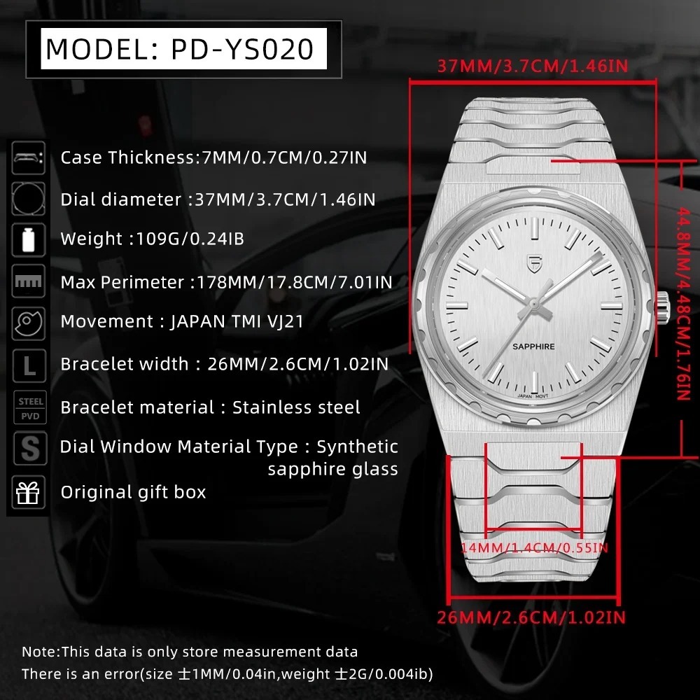PAGANI DESIGN PD-YS020 Ultra Thin 7mm Men's Quartz Watch 10Bar Waterproof Stainless Steel Wrist Watch for Men C3 Upgrade Lume, Synthetic Sapphire Dial Glass