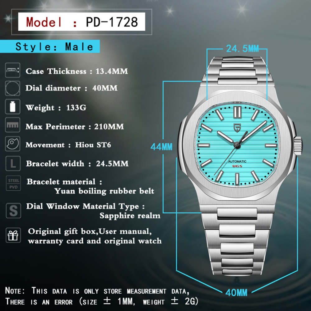 PAGANI DESIGN New Men's Automatic Watches 40mm Luxury Stainless Steel Casual Waterproof Wrist Watches Sapphire Dial Glass PD1728