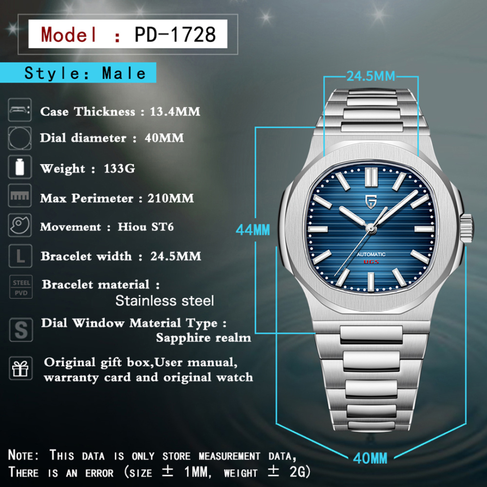 PAGANI DESIGN PD-1728 Men's Automatic Watches 40mm Luxury Stainless Steel Casual Waterproof Wrist Watches Sapphire Dial Glass