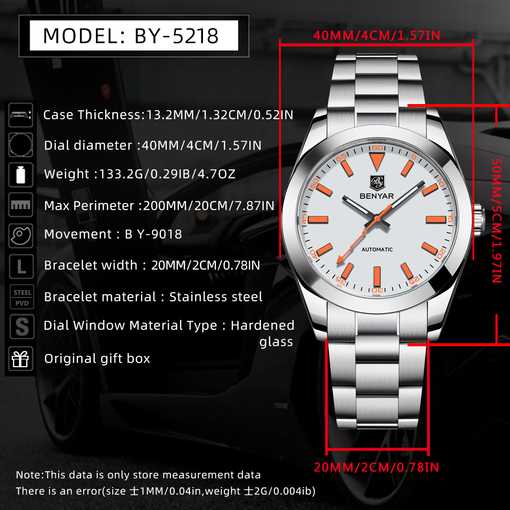 BENYAR BY-5218 Men's Automatic Watch 40mm Luxury Mechanical full Steel Wrist Watch for Men