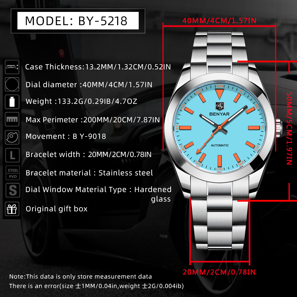 BENYAR BY-5218 Men's Automatic Watch 40mm Luxury Mechanical full Steel Wrist Watch for Men