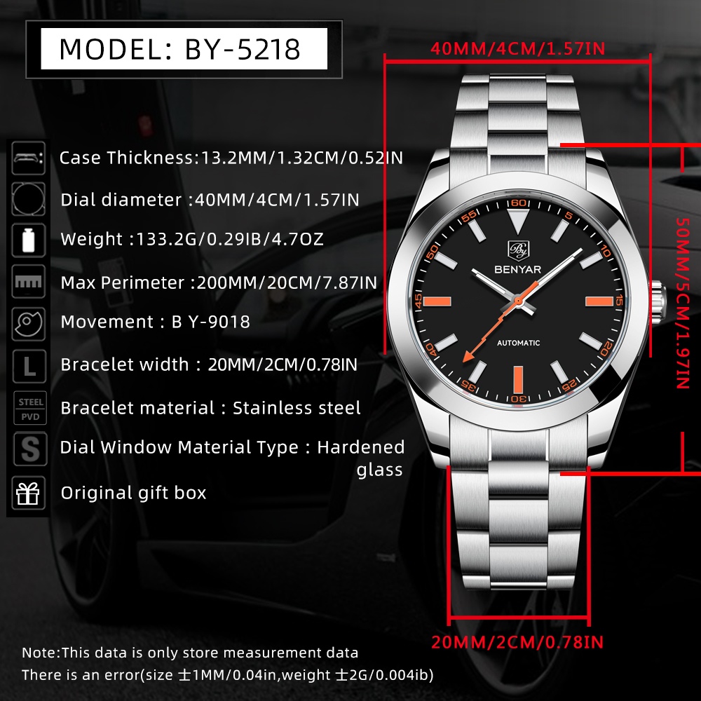 BENYAR BY-5218 Men's Automatic Watch 40mm Luxury Mechanical full Steel Wrist Watch for Men