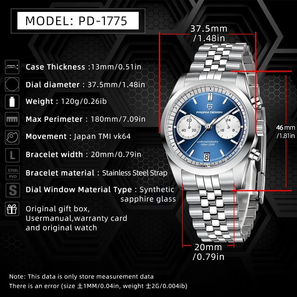 PAGANI DESIGN PD-1775 Men's Quartz Watches 37.5MM Chronograph Stainless Steel Sports Analog Wrist Watch for Men, Waterproof, Synthetic Sapphire Dial Glass