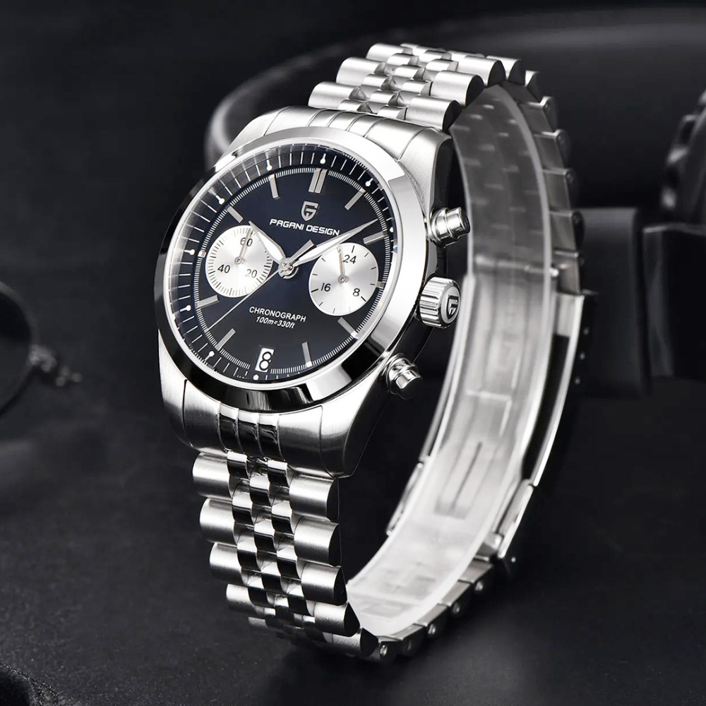 PAGANI DESIGN PD-1775 Men's Quartz Watches 37.5MM Chronograph Stainless Steel Sports Analog Wrist Watch for Men, Waterproof, Synthetic Sapphire Dial Glass