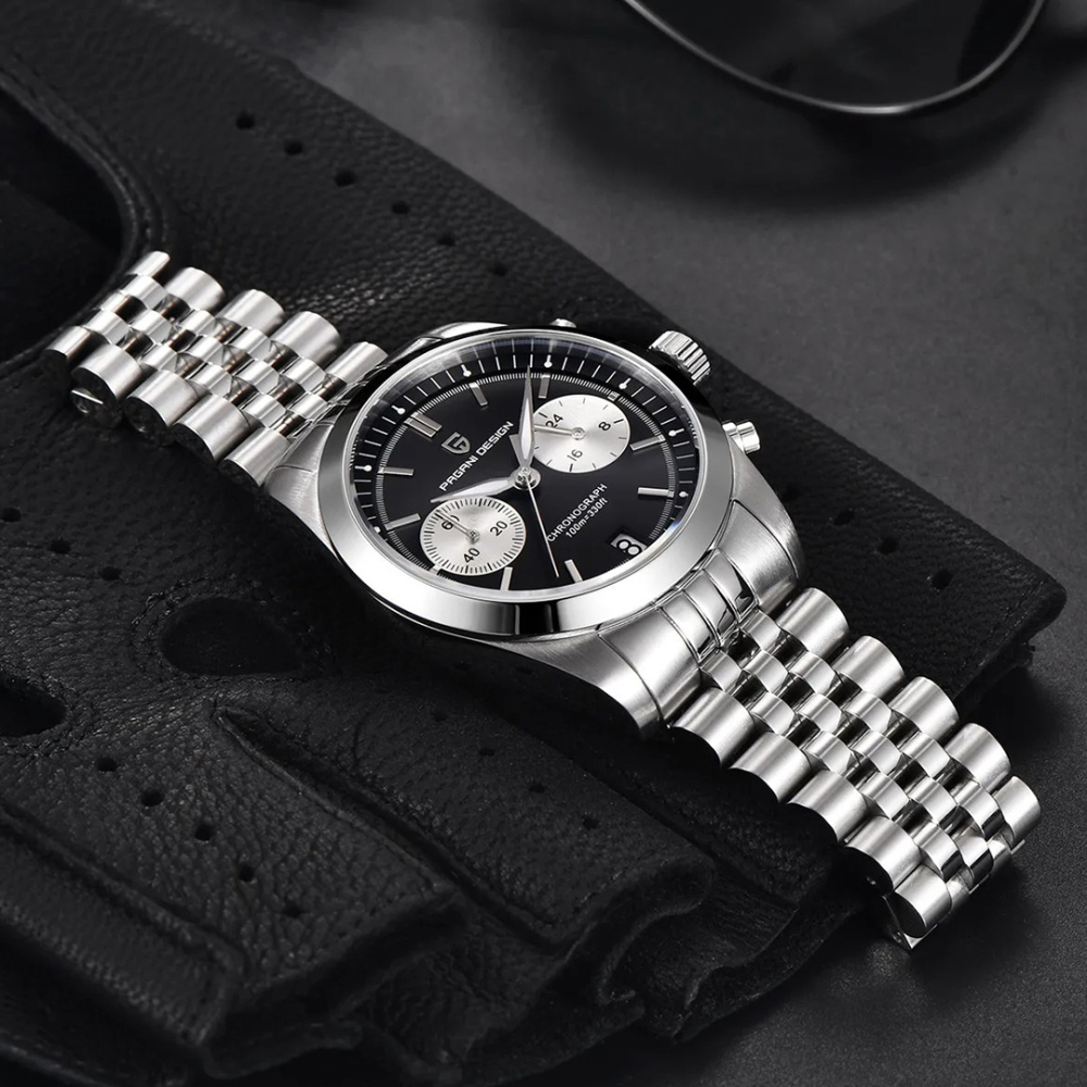 PAGANI DESIGN PD-1775 Men's Quartz Watches 37.5MM Chronograph Stainless Steel Sports Analog Wrist Watch for Men, Waterproof, Synthetic Sapphire Dial Glass