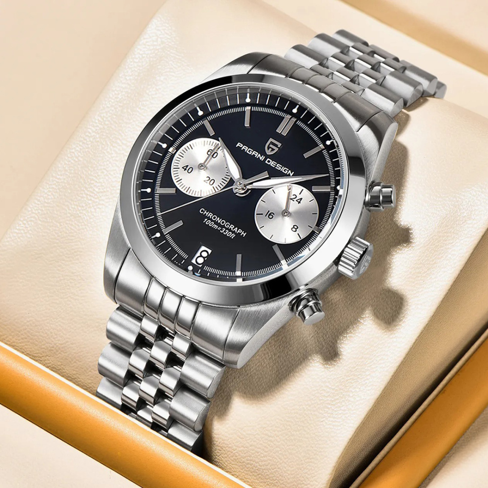 PAGANI DESIGN PD-1775 Men's Quartz Watches 37.5MM Chronograph Stainless Steel Sports Analog Wrist Watch for Men, Waterproof, Synthetic Sapphire Dial Glass