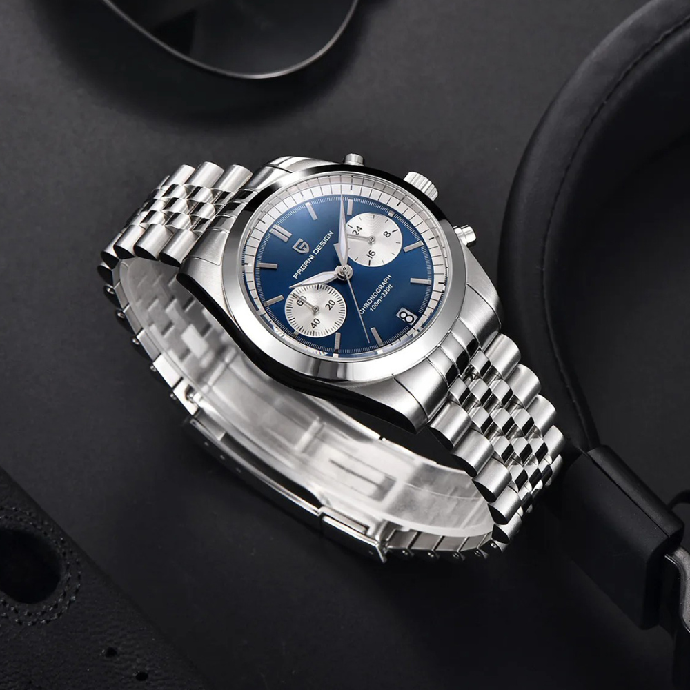 PAGANI DESIGN PD-1775 Men's Quartz Watches 37.5MM Chronograph Stainless Steel Sports Analog Wrist Watch for Men, Waterproof, Synthetic Sapphire Dial Glass