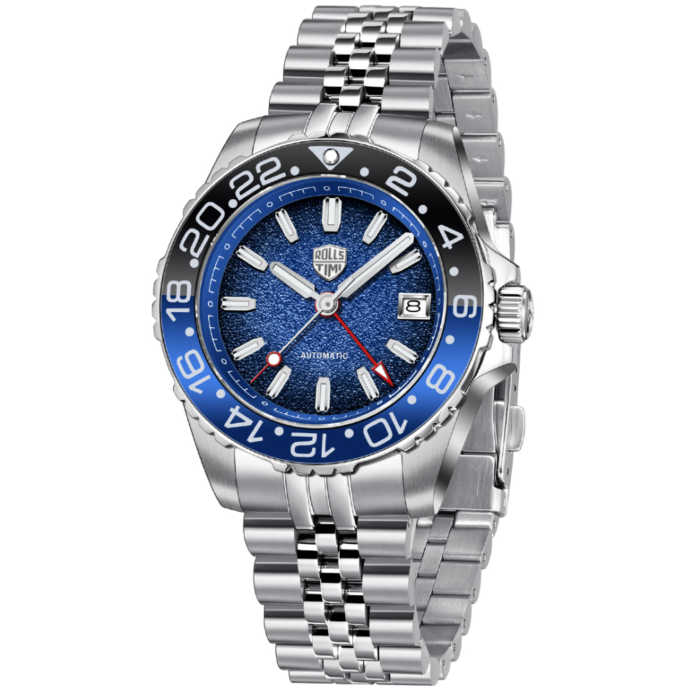 RollsTimi RT7935 GMT Men's Watches NH34 Stainless Steel 100M Waterproof Analog Wristwatch for Men with Jubilee, Synthetic Sapphire Dial Glass