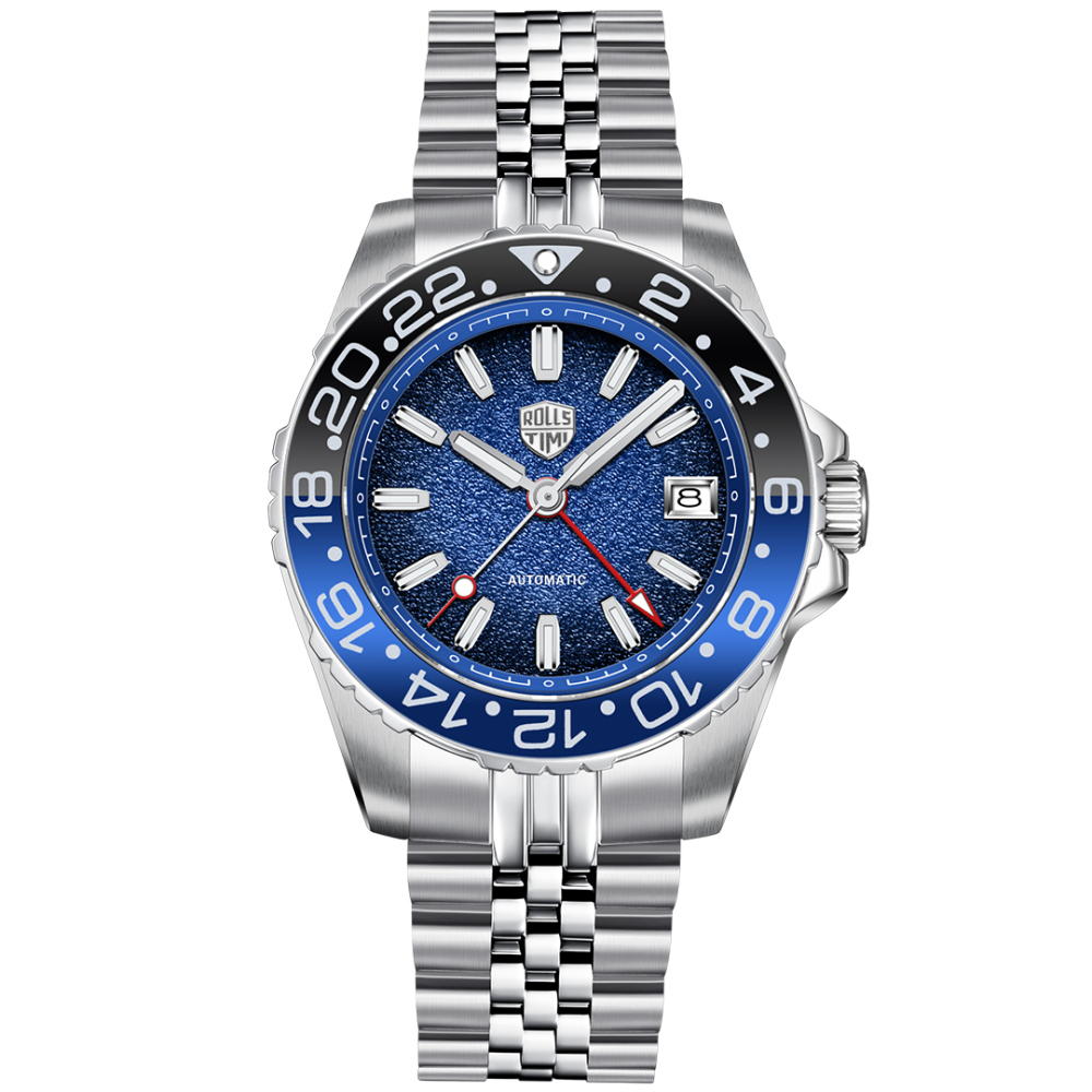 RollsTimi RT7935 GMT Men's Watches NH34 Stainless Steel 100M Waterproof Analog Wristwatch for Men with Jubilee, Synthetic Sapphire Dial Glass