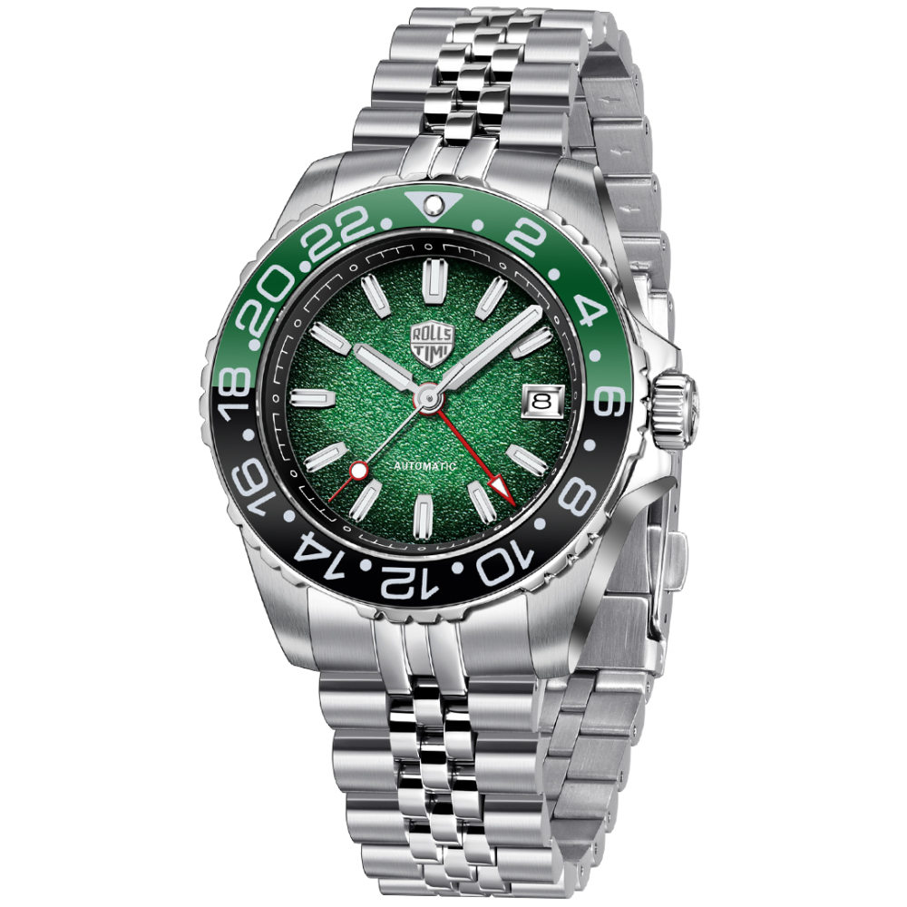 RollsTimi RT7935 GMT Men's Watches NH34 Stainless Steel 100M Waterproof Analog Wristwatch for Men with Jubilee, Synthetic Sapphire Dial Glass