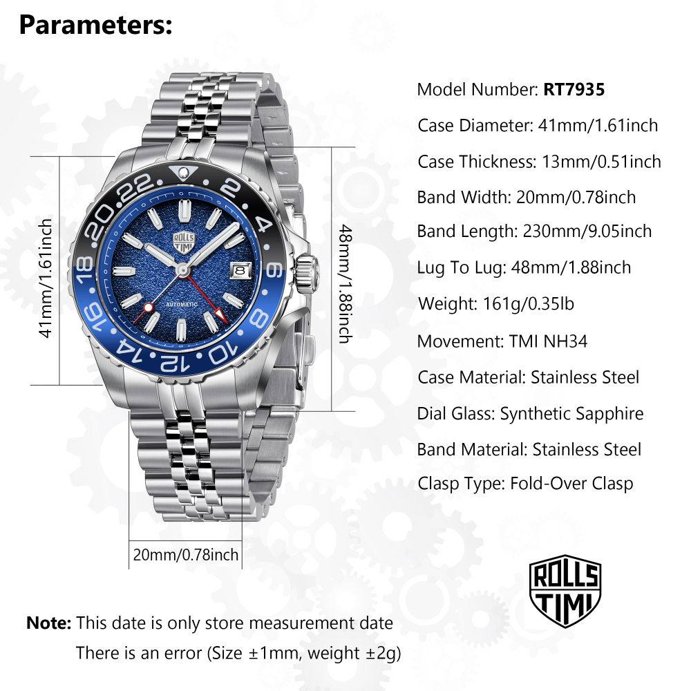 RollsTimi RT7935 GMT Men's Watches NH34 Stainless Steel 100M Waterproof Analog Wristwatch for Men with Jubilee, Synthetic Sapphire Dial Glass