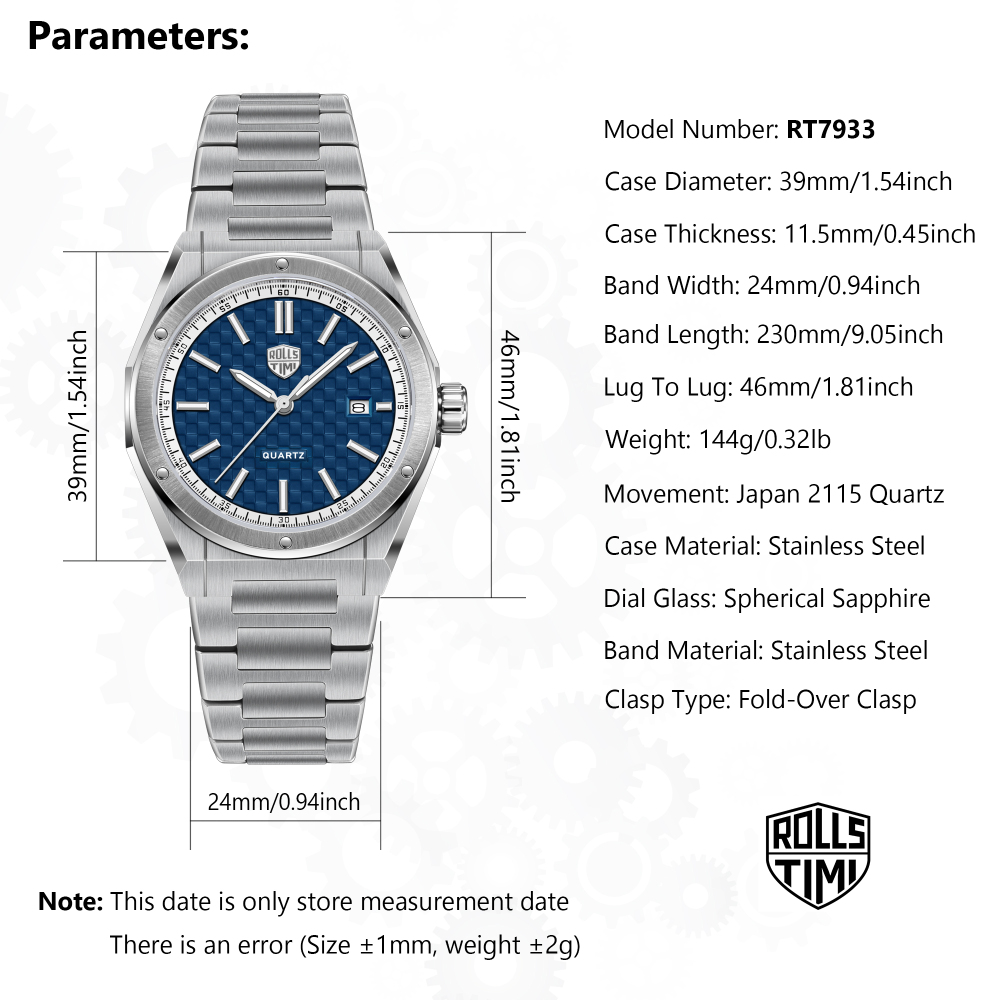 RollsTimi RT7933 Men's Watches Luxury Stainless Steel Quartz Analog Wristwatch for Men, 50M Waterproof, Synthetic Sapphire Dial Glass