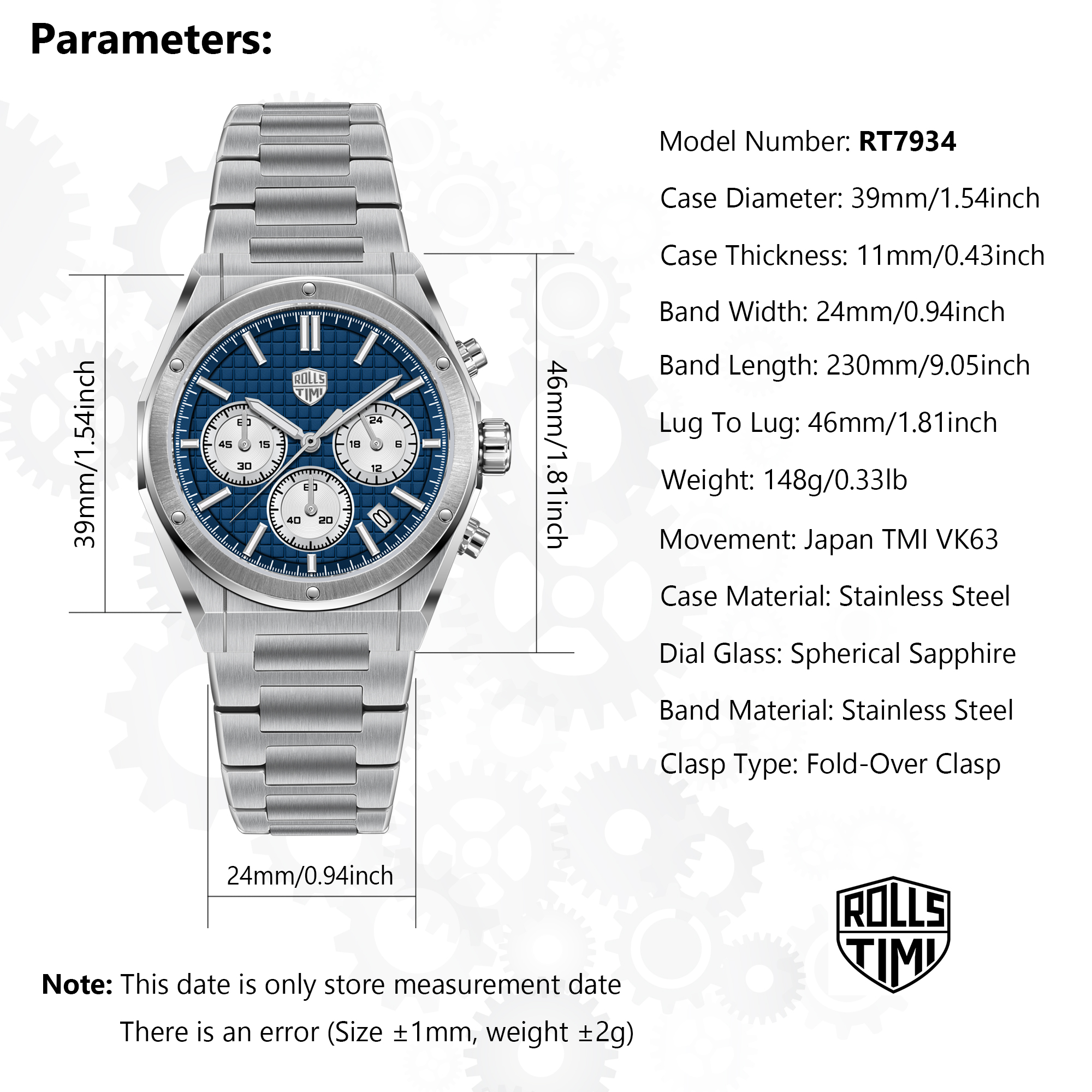 RollsTimi RT7934 Chronograph Men's Watch 39MM Stainless Steel