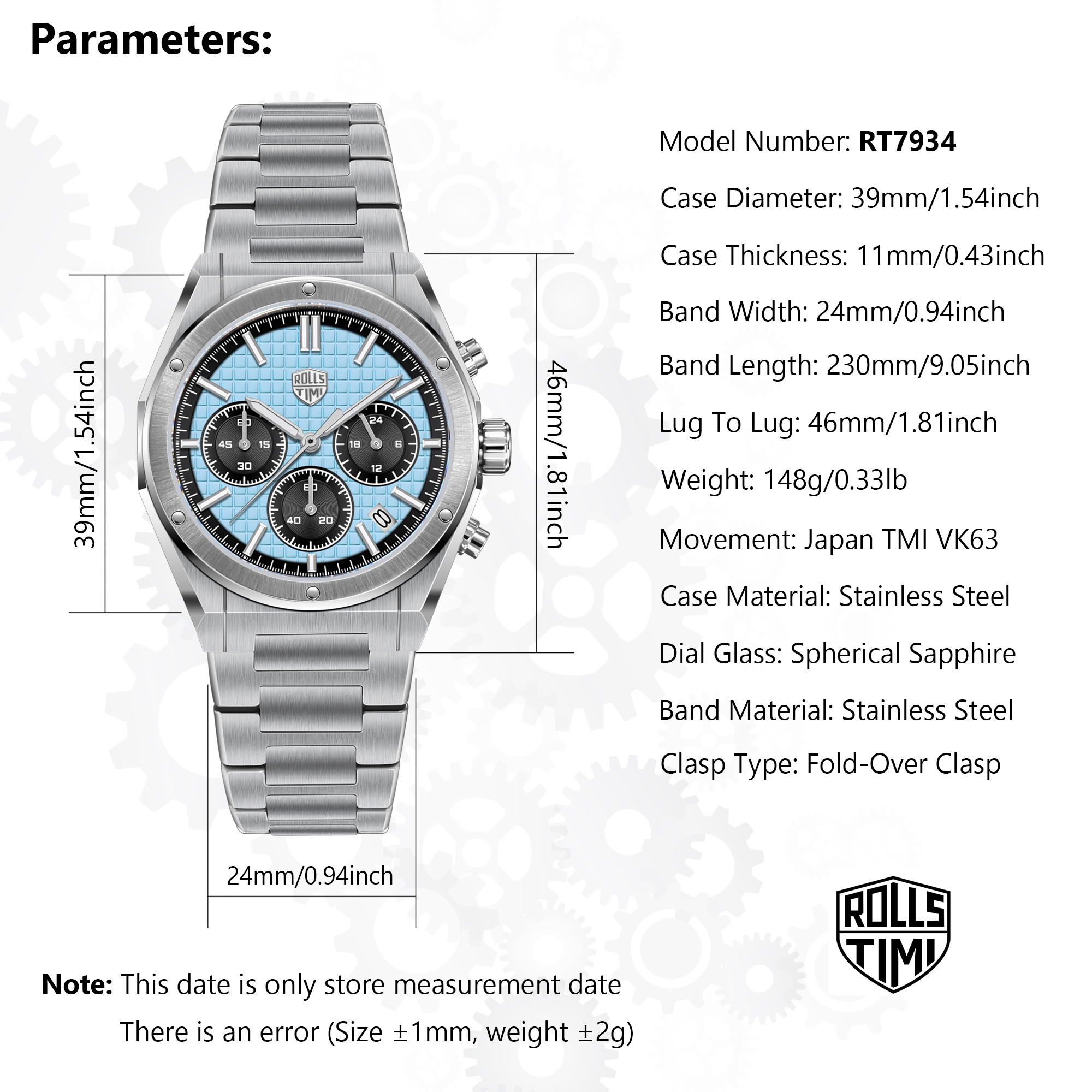 RollsTimi RT7934 Chronograph Men's Watch 39MM Stainless Steel