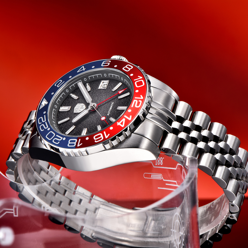 RollsTimi RT7935 GMT Men's Watches NH34 Stainless Steel 100M Waterproof Analog Wristwatch for Men with Jubilee, Synthetic Sapphire Dial Glass