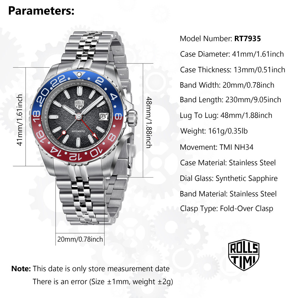 RollsTimi RT7935 GMT Men's Watches NH34 Stainless Steel 100M Waterproof Analog Wristwatch for Men with Jubilee, Synthetic Sapphire Dial Glass