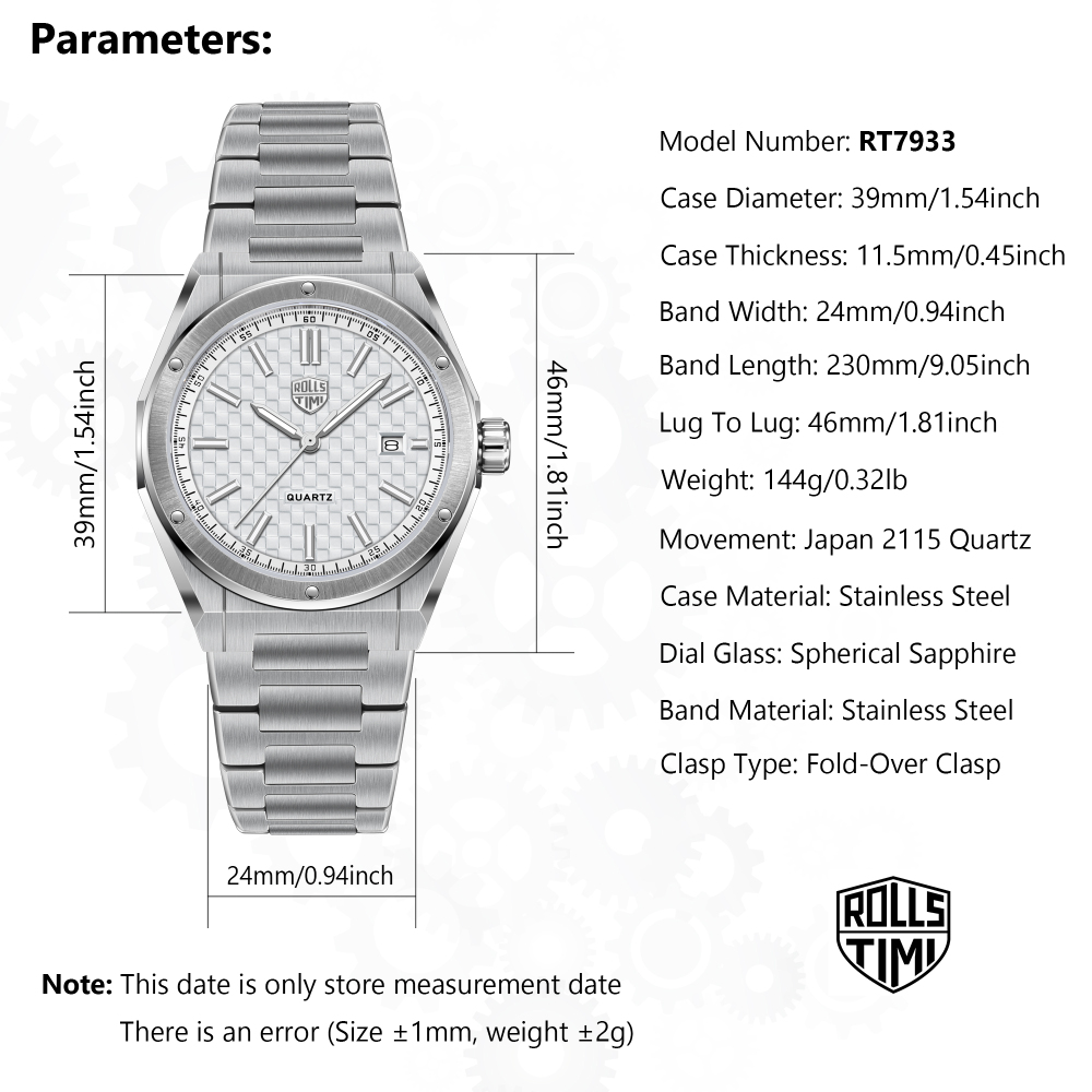 RollsTimi RT7933 Men's Watches Luxury Stainless Steel Quartz Analog Wristwatch for Men, 50M Waterproof, Synthetic Sapphire Dial Glass