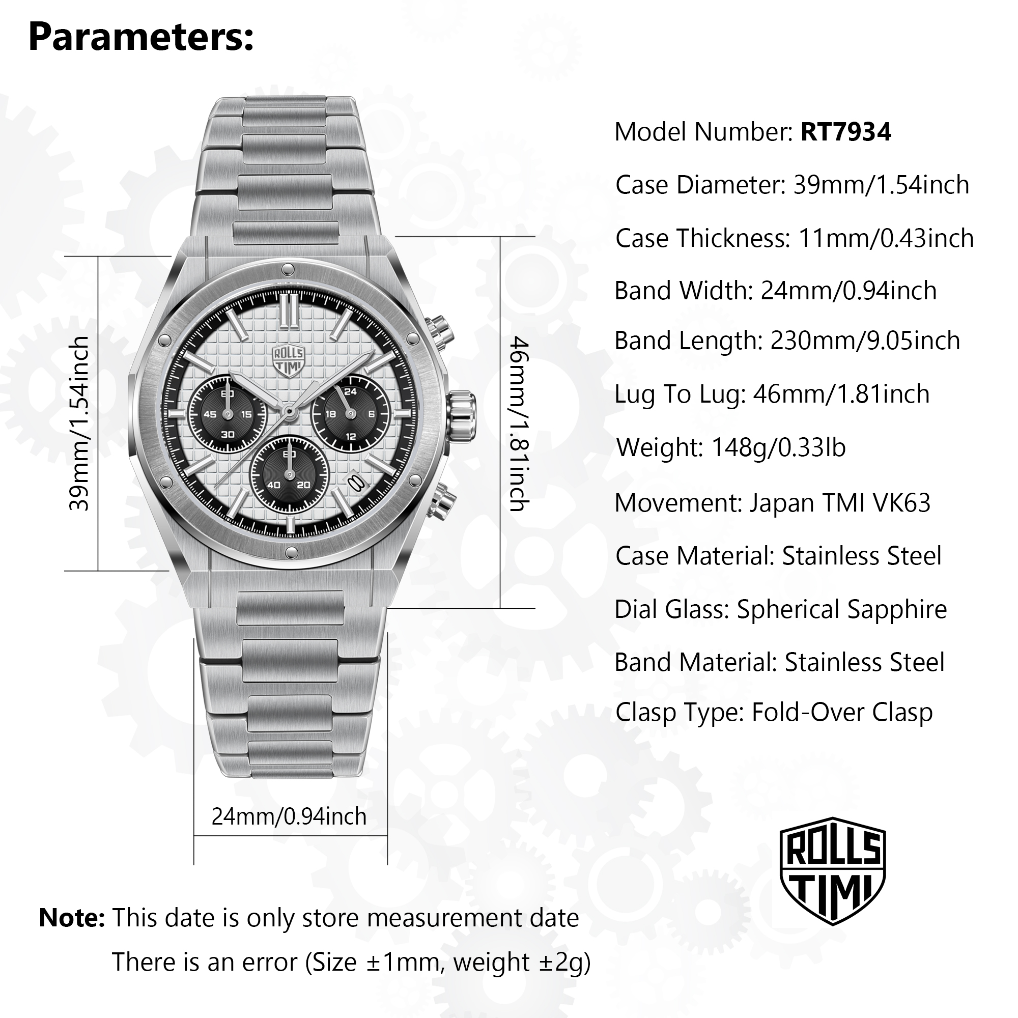 RollsTimi RT7934 Chronograph Men's Watch 39MM Stainless Steel