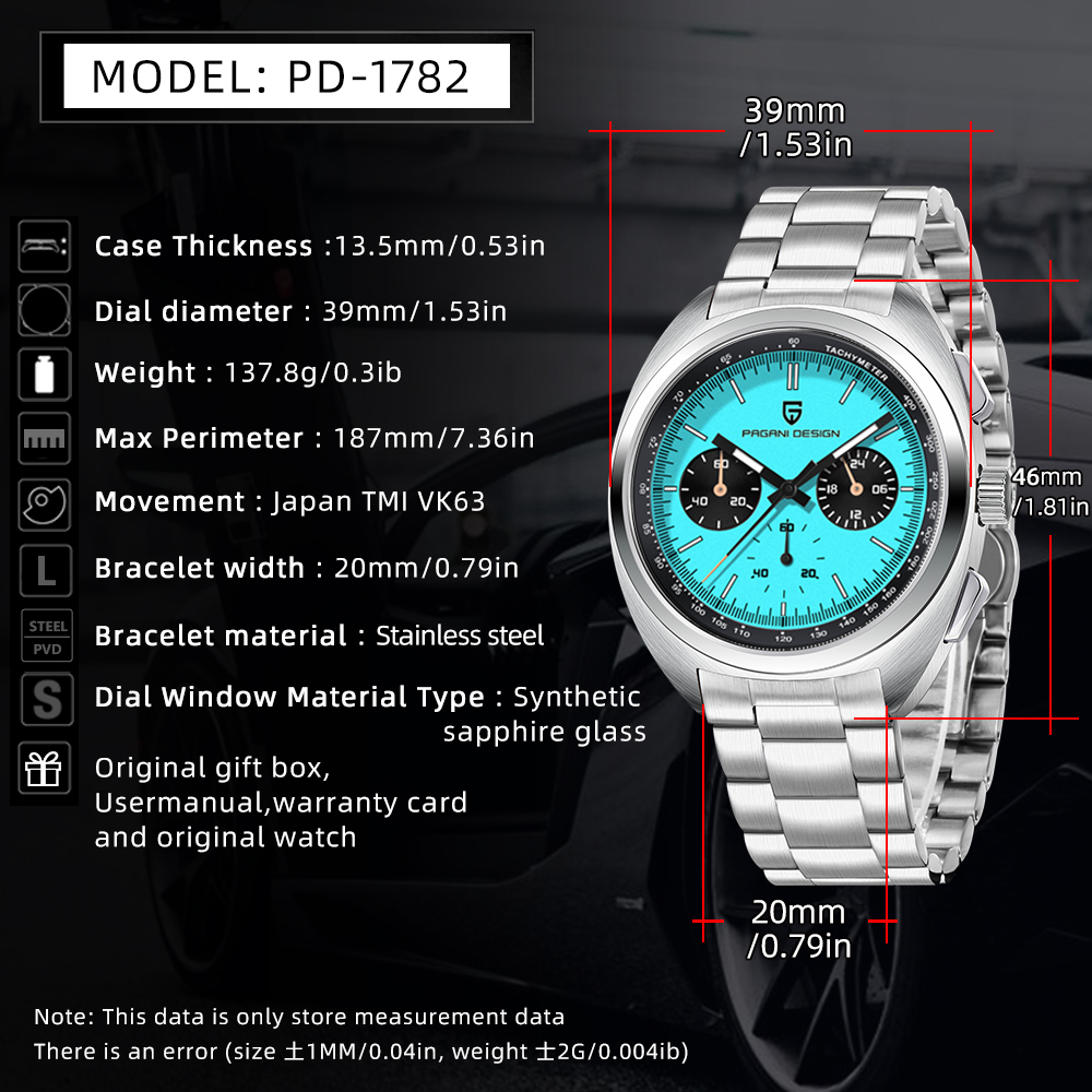 PAGANI DESIGN PD-1782 Men's Quartz Watches Chronograph Stainless Steel 40mm Sports Waterproof Wrist Watch for Men