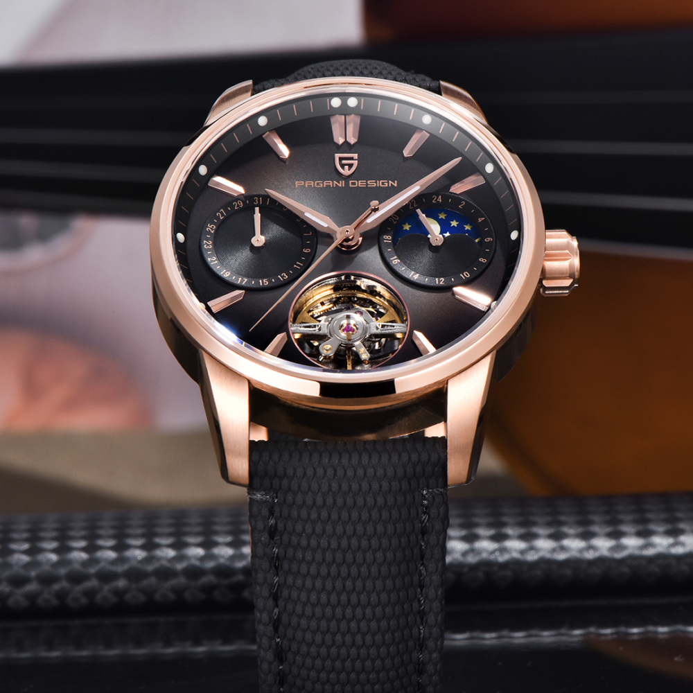 PAGANI DESIGN PD-YS021 Automatic Men's Watch 41MM Leather Stainless Steel Business Wrist Watch for Men, Synthetic Sapphire Dial Glass