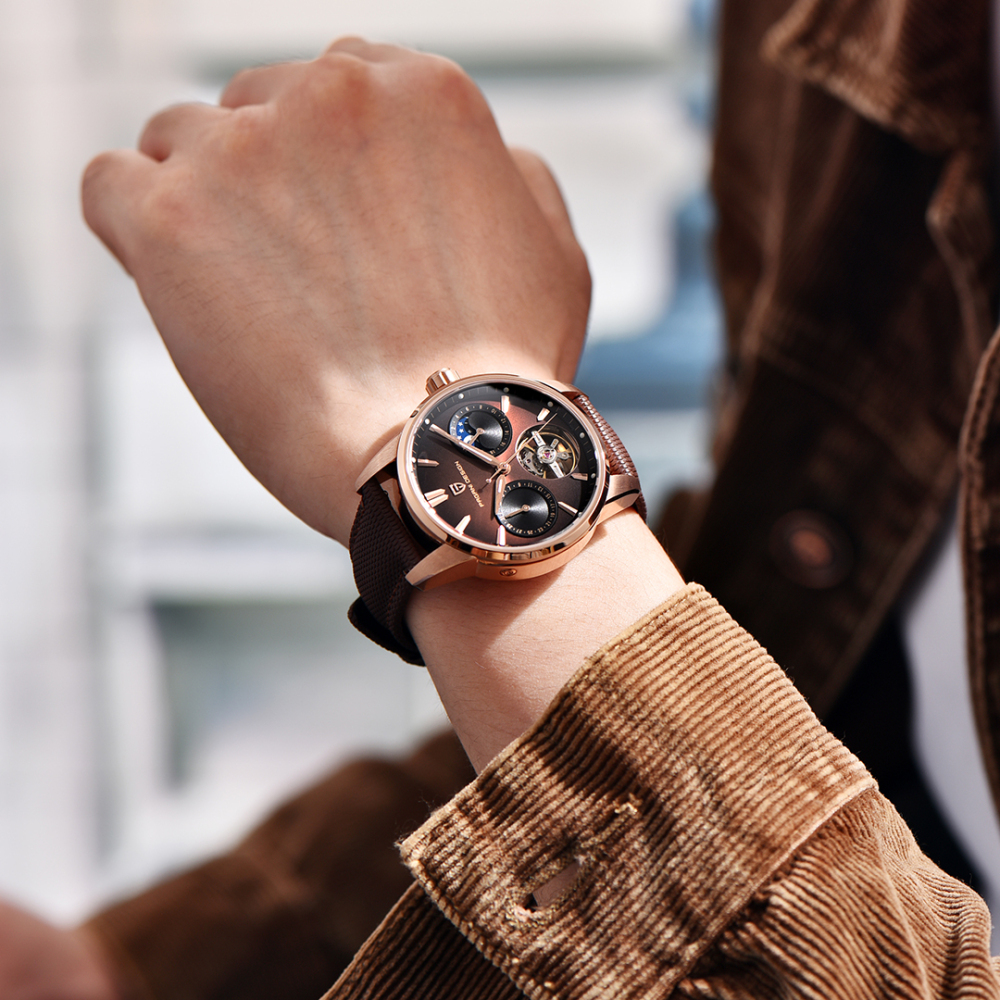 PAGANI DESIGN PD-YS021 Automatic Men's Watch 41MM Leather Stainless Steel Business Wrist Watch for Men, Synthetic Sapphire Dial Glass