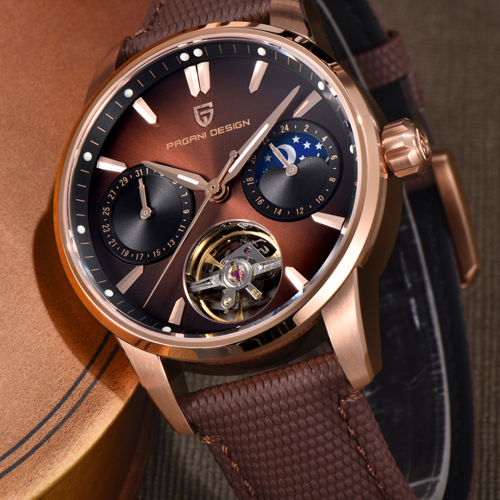 PAGANI DESIGN PD-YS021 Automatic Men's Watch 41MM Leather Stainless Steel Business Wrist Watch for Men, Synthetic Sapphire Dial Glass