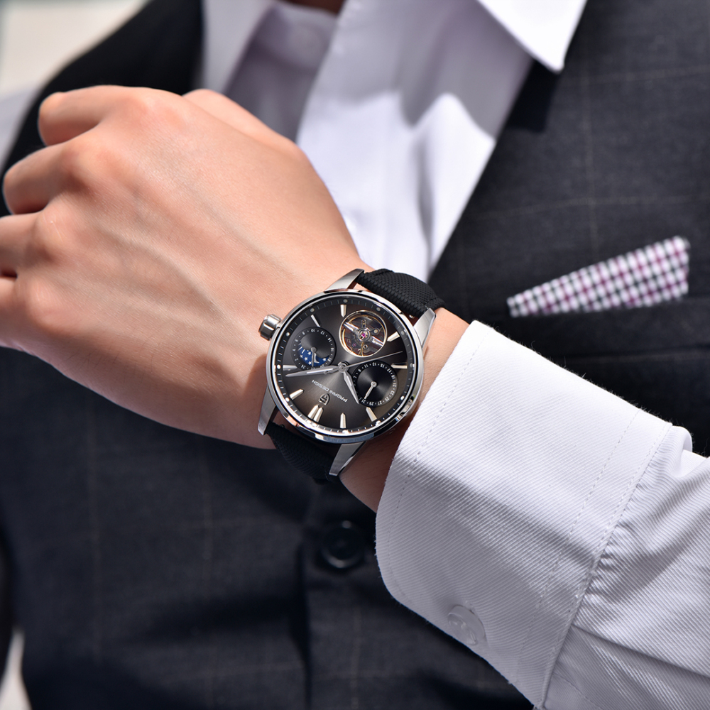 PAGANI DESIGN PD-YS021 Automatic Men's Watch 41MM Leather Stainless Steel Business Wrist Watch for Men, Synthetic Sapphire Dial Glass