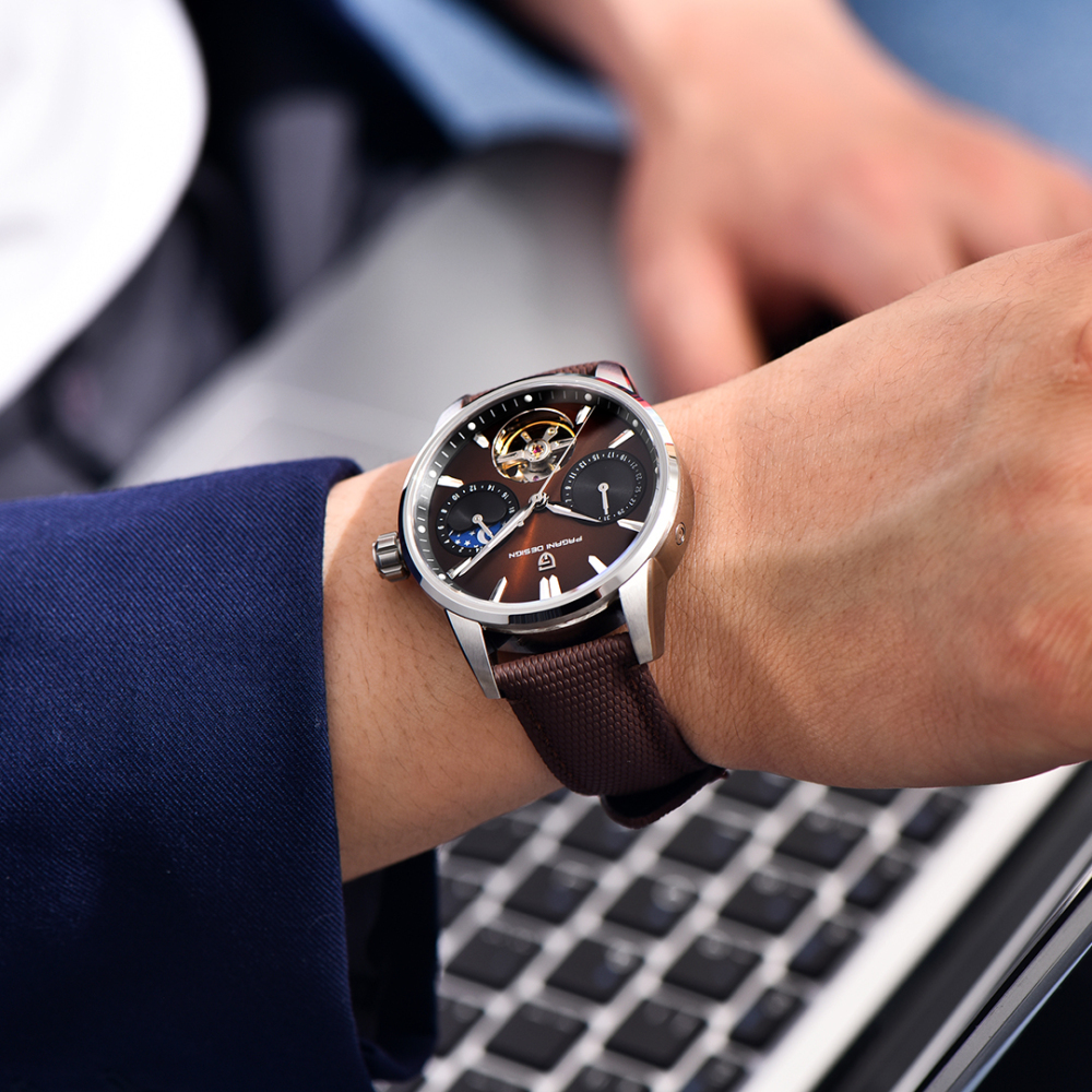 PAGANI DESIGN PD-YS021 Automatic Men's Watch 41MM Leather Stainless Steel Business Wrist Watch for Men, Synthetic Sapphire Dial Glass