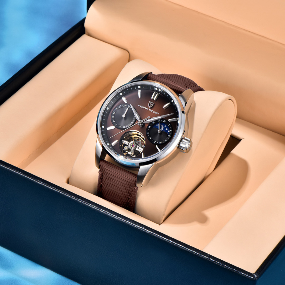 PAGANI DESIGN PD-YS021 Automatic Men's Watch 41MM Leather Stainless Steel Business Wrist Watch for Men, Synthetic Sapphire Dial Glass