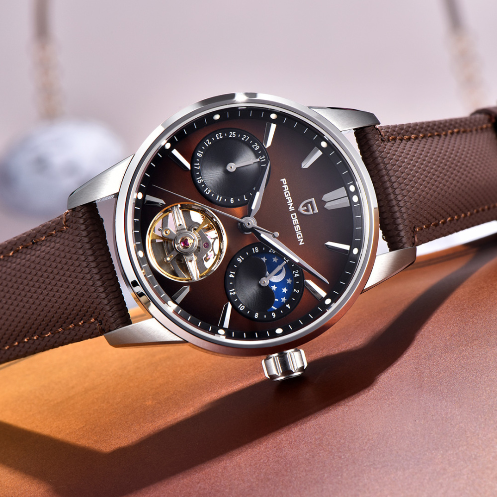 PAGANI DESIGN PD-YS021 Automatic Men's Watch 41MM Leather Stainless Steel Business Wrist Watch for Men, Synthetic Sapphire Dial Glass