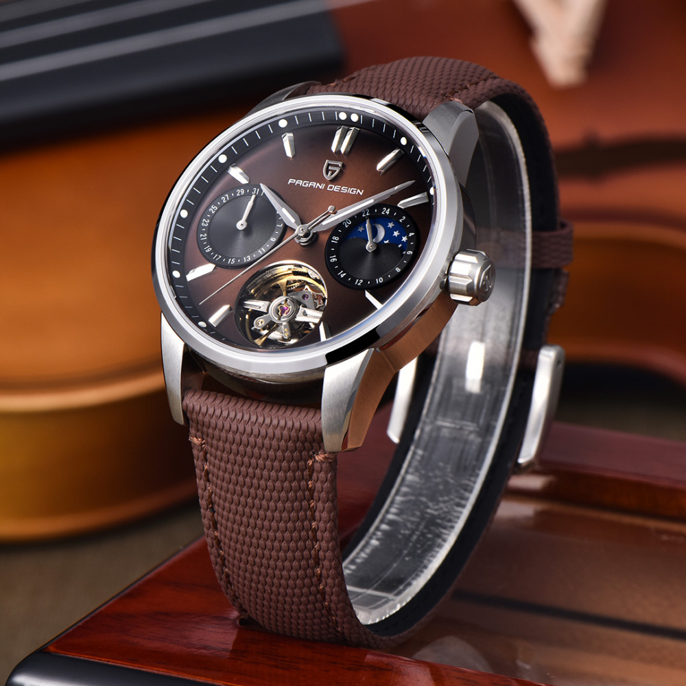 PAGANI DESIGN PD-YS021 Automatic Men's Watch 41MM Leather Stainless Steel Business Wrist Watch for Men, Synthetic Sapphire Dial Glass