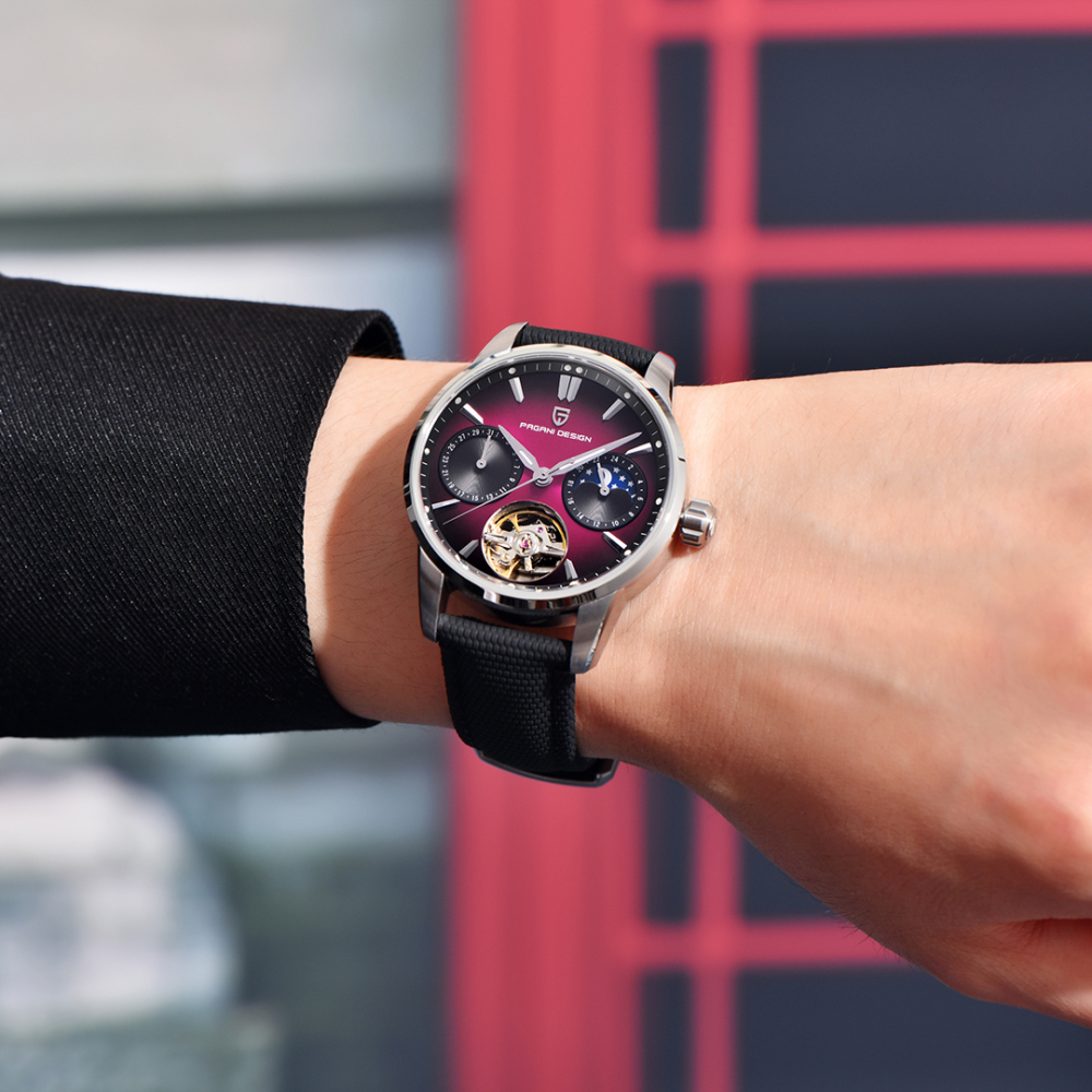 PAGANI DESIGN PD-YS021 Automatic Men's Watch 41MM Leather Stainless Steel Business Wrist Watch for Men, Synthetic Sapphire Dial Glass