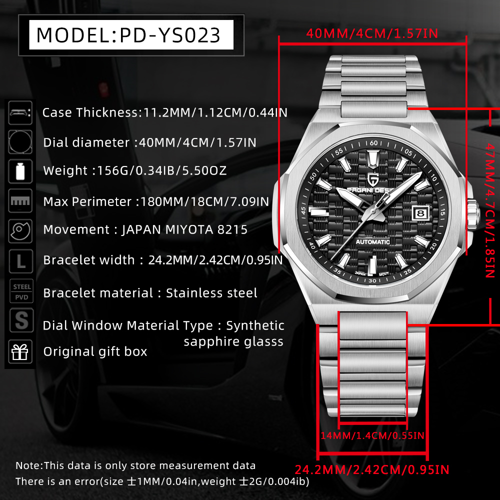 PAGANI DESIGN PD-YS023 New Automatic Men's Watch 40MM Full Stainless Steel Mechanical Sports Wrist Watch for Men, Synthetic Sapphire